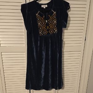 THML Velvet Embroidered Dress NWT | Blue & Gold Flutter Sleeve Holiday Style S